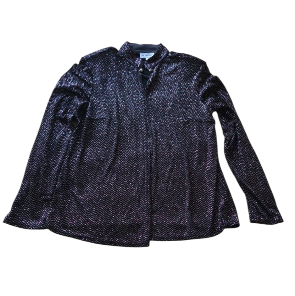 NWT Metaphor Cardigan M Clasp Open Front Sparkly Knit Popover Collar Glitter